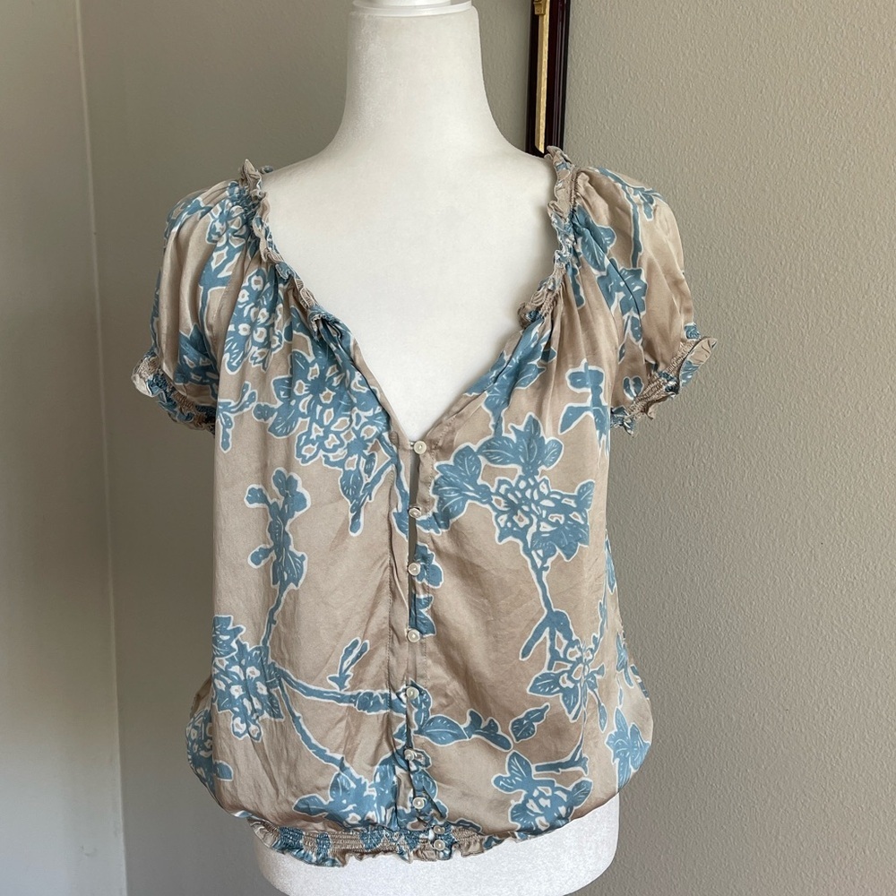 Joie Silk Blue Floral Blouse - Tan Base Size S
